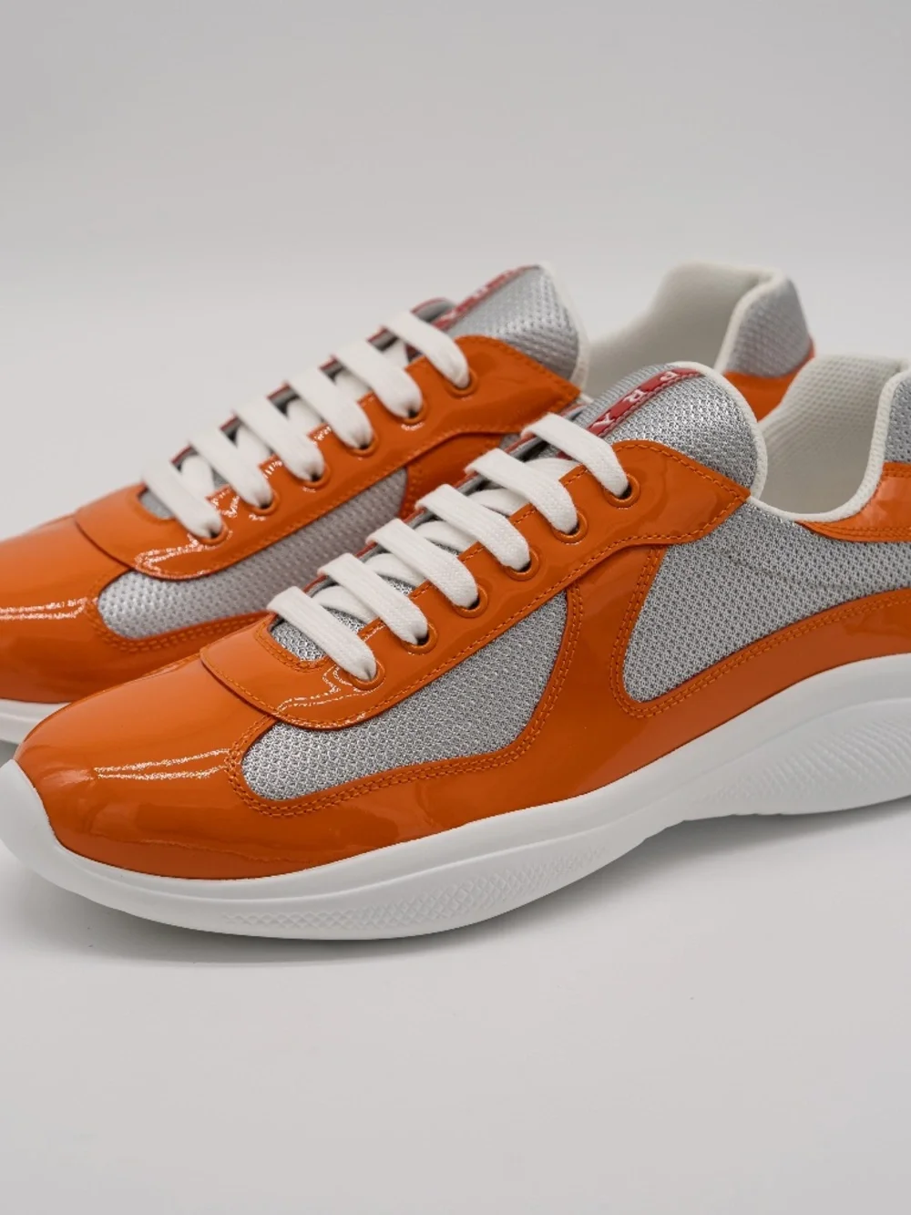 Prada America's Cup Men's Sneakers Orange Patent Leather Silver Fabric 8uk 9 US